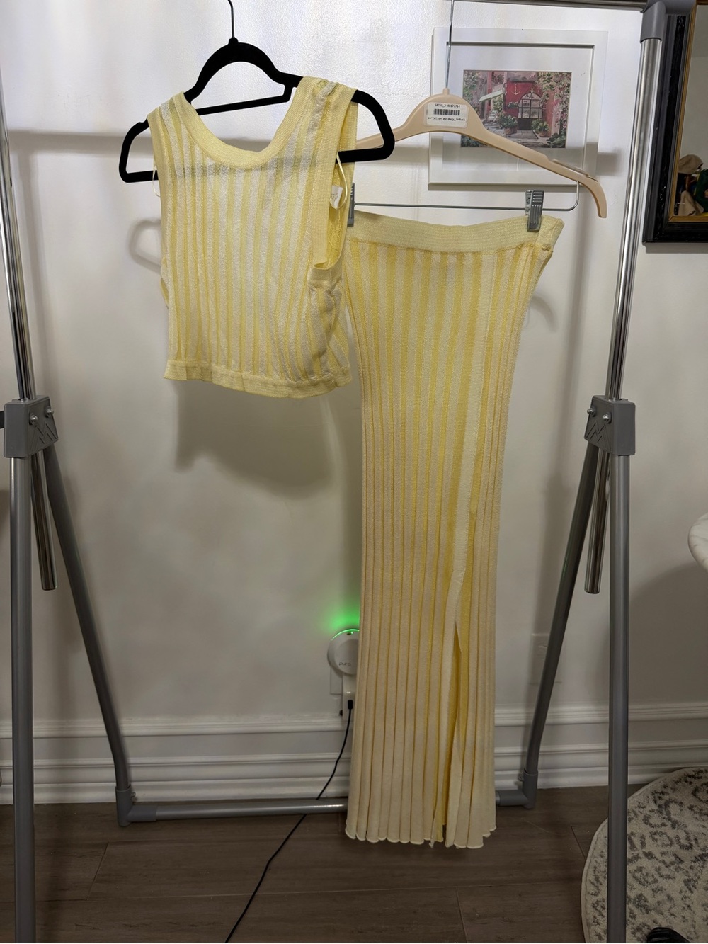 Light Yellow Ribbed Knit Tank and Maxi Skirt Set